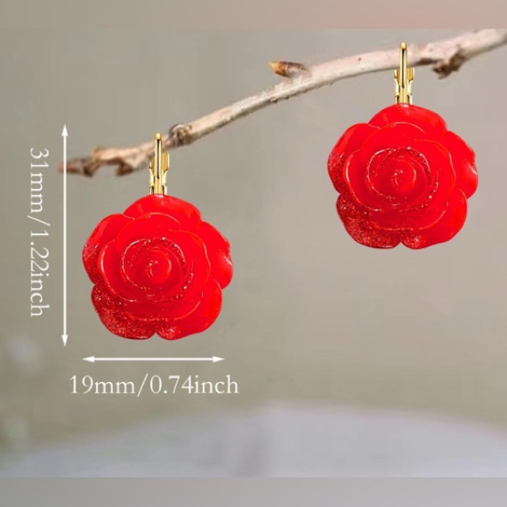 Elegant Sparkly Red Rose Earrings - Picture 5 of 6